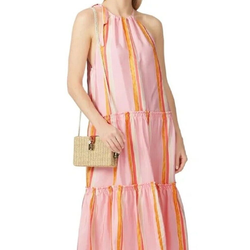 Club Monaco Amirra Silk Stripe Tiered Halter Dress- Size 6 - Picture 3 of 6